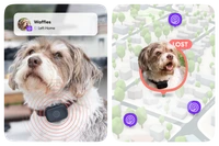 Image of Life360 Pet GPS- Black on Waffles the dog with the Left Home Alert and the Life360 map
