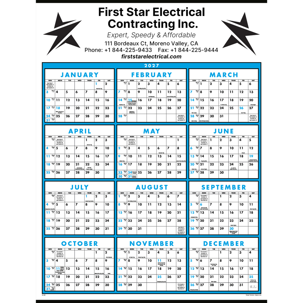 Full Year View Single Sheet Commercial Calendar: 2027