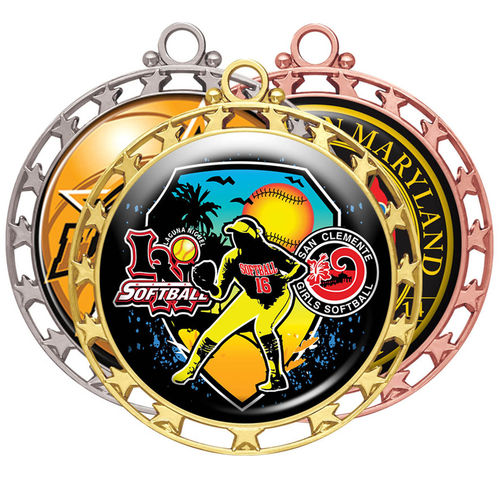 Digistock Medals: Star Cut Out Border With 2" Dia Insert In Shiny Finish