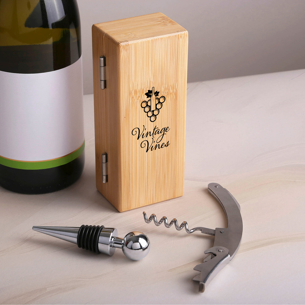2-Piece Bamboo Wine Opener Set w/ Magnetic Closure
