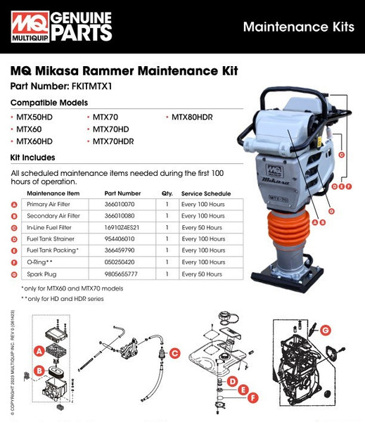 mika品 Mikasa Rammer Maintenance Kit | MTX60, MTX70, MTX80