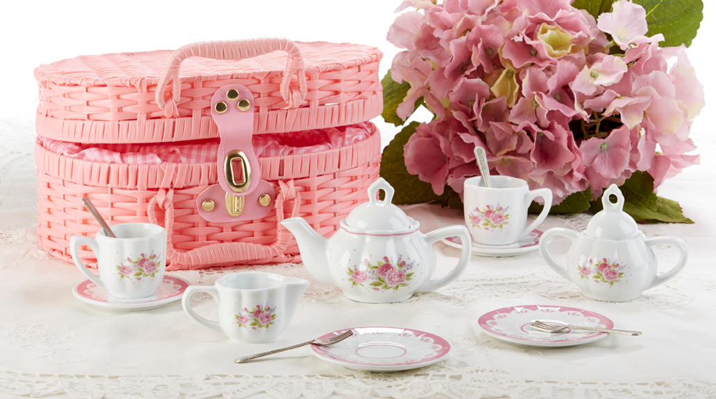 Toy Porcelain Tea Set in Basket- Pink Blush