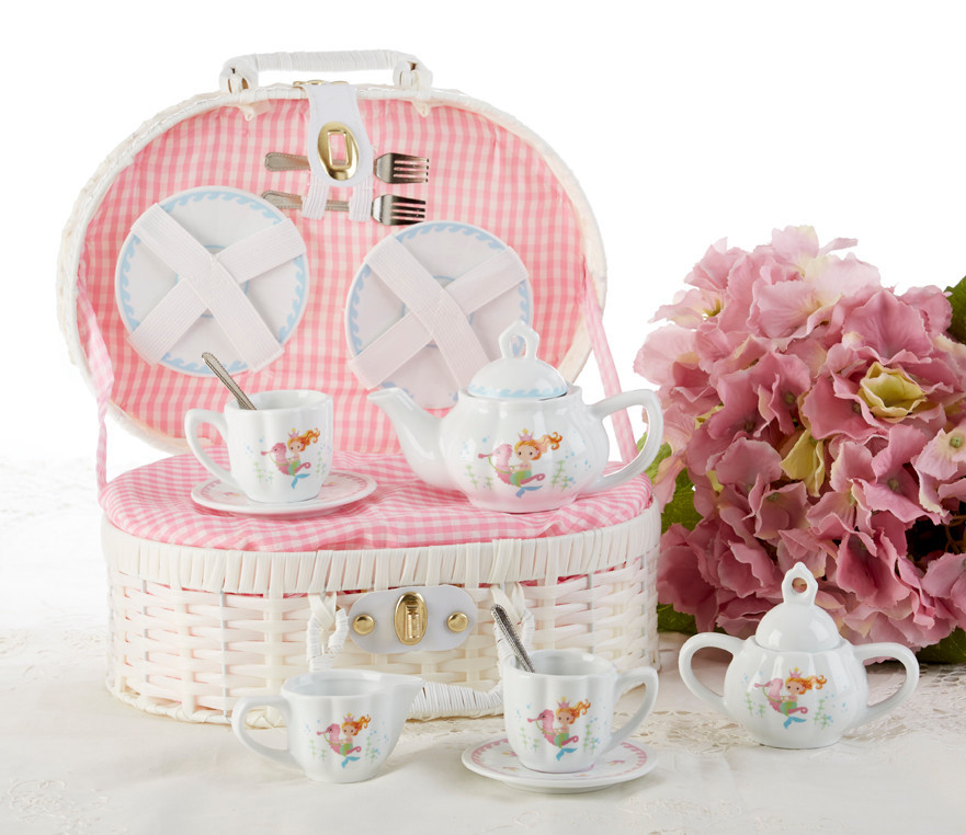 Toy Porcelain Tea Set in basket - Mermaid - The Cornucopia Shop LLC