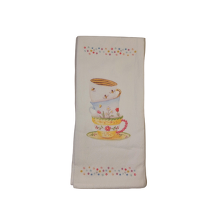 Tea Towel - Stacked Teacups: Soft 100% cotton large white flour sack tea towel Carol Wilson designs.  This tea towel by Carol Wilson Designs (American owned and American based) goes with any kitchen or table setting for afternoon tea.  Matches many of our teaware and tea sets and can be found in many of our tea line boxed gift sets. Care instructions: Machine washable gentle cycle, color safe bleach only when needed.