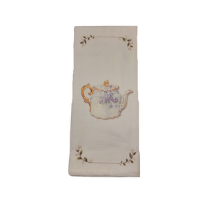 Tea Towel - Royal Teapot: Soft 100% cotton large white flour sack tea towel Carol Wilson designs.  This tea towel by Carol Wilson Designs (American owned and American based) goes with any kitchen or table setting for afternoon tea.  Matches many of our teaware and tea sets and can be found in many of our tea line boxed gift sets. Care instructions: Machine washable gentle cycle, color safe bleach only when needed.