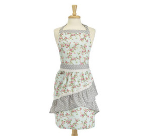 Apron Shabby Chic - Cottage Rose Blue: Adult size light blue apron with floral pattern, gray and white polka dots that has hidden pocket. Made of 100% cotton. 33" H x 28" W.