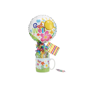 Get Well Balloon Candy Mug Bouquet Make their day a little brighter knowing you thought of them. Send a smile today, send this get well giftable. Includes Happy flowers print Ceramic mug, 9" air-filled Get Well balloon, a mix of name brand candy such as Starburst, SweetTarts, Tootsie Roll, Jolly Rancher, Skittles, Nerds, LaffyTaffy or Tootsie Fruit Chews. Mix may vary in each gift. ribbon curls, cellophane wrap, and card. Get Well Balloon Candy Mug Bouquet Make their day a little brighter knowing you thought of them. Send a smile today, send this get well giftable. Includes Happy flowers print Ceramic mug, 9" air-filled Get Well balloon, a mix of name brand candy such as Starburst, SweetTarts, Tootsie Roll, Jolly Rancher, Skittles, Nerds, LaffyTaffy or Tootsie Fruit Chews. Mix may vary in each gift. ribbon curls, cellophane wrap, and card.