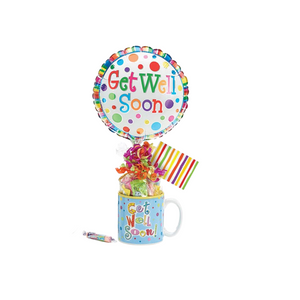 Get Well Soon Balloon Candy Mug Bouquet Make their day a little brighter knowing you thought of them. Send a smile today, send this get well giftable. Includes Get Well Soon print Ceramic mug, 9" air-filled Get Well Soon balloon, a mix of name brand candy such as Starburst, SweetTarts, Tootsie Roll, Jolly Rancher, Skittles, Nerds, LaffyTaffy or Tootsie Fruit Chews. Mix may vary in each gift. ribbon curls, cellophane wrap, and card. Get Well Soon Balloon Candy Mug Bouquet Make their day a little brighter knowing you thought of them. Send a smile today, send this get well giftable. Includes Get Well Soon print Ceramic mug, 9" air-filled Get Well Soon balloon, a mix of name brand candy such as Starburst, SweetTarts, Tootsie Roll, Jolly Rancher, Skittles, Nerds, LaffyTaffy or Tootsie Fruit Chews. Mix may vary in each gift. ribbon curls, cellophane wrap, and card.