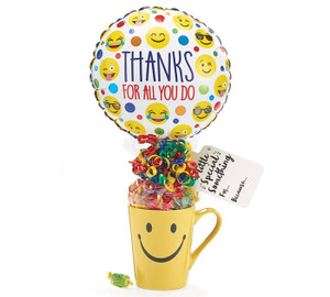 Thanks For All You Do Smiley Mug Bouquet Perfect for anyone you'd like to show your appreciation for all they have done. Includes stoneware Smiley mug, 9" air-filled Thanks for all you do! balloon, a mix of name brand candy such as Starburst, Sweet Tarts, Tootsie Roll, Jolly Rancher, Skittles, Nerds, Laffy Taffy or Tootsie Fruit Chews. Mix may vary in each gift. ribbon curls, cellophane wrap, and card. ribbon curls, cellophane, and card. For large orders please contact us. Thanks For All You Do Smiley Mug Bouquet Perfect for anyone you'd like to show your appreciation for all they have done. Includes stoneware Smiley mug, 9" air-filled Thanks for all you do! balloon, a mix of name brand candy such as Starburst, Sweet Tarts, Tootsie Roll, Jolly Rancher, Skittles, Nerds, Laffy Taffy or Tootsie Fruit Chews. Mix may vary in each gift. ribbon curls, cellophane wrap, and card. ribbon curls, cellophane, and card. For large orders please contact us.