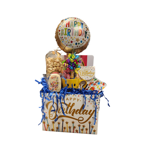 Happy Birthday Wishes Gift Box: Comes with a personal goody party of gourmet cookies, candy, Jelly Belly Jellybeans, Birthday Cake flavored gourmet popcorn. Candy Smiley Mug with Birthday Balloon. Mug comes filled with a variety of traditional name brand hard candy. Includes: • Smiley Mug and 9" air-filled, ribbon curls Birthday Balloon, filled with a mix of name brand candy, Starburst, Sweet Tarts, Tootsie Roll, Jolly Rancher Skittles, Nerds, Laffy Taffy, or Tootsie Fruit Chews. • Jelly Belly Jellybeans mini assorted flavors, • 2.5 oz Jumbo Chocolate Chip Cookie, gift boxed "You are the best", statement, • Assorted Candy Happy Birthday Box, • Happy Birthday Marshmallow chocolate covered popsicle, • *4 oz bagged Birthday Gourmet Popcorn 9” tall x 2.5” D, Gift comes wrapped in cellophane, matching ribbon, and paper shred fill. A complimentary gift card with your personal message. Happy Birthday Wishes Gift Box: Comes with a personal goody party of gourmet cookies, candy, Jelly Belly Jellybeans, Birthday Cake flavored gourmet popcorn. Candy Smiley Mug with Birthday Balloon. Mug comes filled with a variety of traditional name brand hard candy. Includes: • Smiley Mug and 9" air-filled, ribbon curls Birthday Balloon, filled with a mix of name brand candy, Starburst, Sweet Tarts, Tootsie Roll, Jolly Rancher Skittles, Nerds, Laffy Taffy, or Tootsie Fruit Chews. • Jelly Belly Jellybeans mini assorted flavors, • 2.5 oz Jumbo Chocolate Chip Cookie, gift boxed "You are the best", statement, • Assorted Candy Happy Birthday Box, • Happy Birthday Marshmallow chocolate covered popsicle, • *4 oz bagged Birthday Gourmet Popcorn 9” tall x 2.5” D, Gift comes wrapped in cellophane, matching ribbon, and paper shred fill. A complimentary gift card with your personal message.