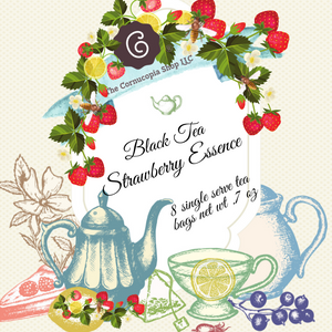 Strawberry Essence (Loose Leaf) combines organic black tea with a splash of sweet strawberry nuance. Brewing size options 8 single serve tea bags, boxed (Box Net Wt. .7 oz.) or 4 - 1 Qt. tea bag (Box Net Wt. 1.7 oz) Ingredients: Organic black tea, organic hibiscus, natural flavor and organic rose petals. Taste: A full-bodied black tea brew with a fruity finish. Origin: Sourced from family tea gardens in the Darjeeling and Assam regions of India's Banaspaty Tea Estate. Brewing: Bring fresh water to a boil, add one tea bag to one 8 oz cup or 2 cup teapot, tea for one, filled with hot water allow the tea to steep for 5-7 minutes. 1 Qt. size add to 32 oz and up capacity teapot, let brew for 7-10 mins or desired strength and remove tea bag when ready to serve. Iced tea: in an iced tea maker (see item 41778) or large heat proof pitcher or teapot, brew 1 qt. bag as directed above and allow to cool on the counter before refrigerating. For sweet tea, start with 1/3 to ¼ cup of sugar, add hot water stir to dissolve, then add the tea bag to complete the brewing process. When creating an iced tea concentrate, after following the instructions above and cooled, keep the tea bag in the container and brew up to 24 hours in the refrigerator. Use within 2-3 days by adding cold filtered water and ice, lemon slices, or other fruits as desired by the glass or pitcher. Sip and enjoy Cornucopia's tea hot or over ice! Strawberry Essence (Loose Leaf) combines organic black tea with a splash of sweet strawberry nuance. Brewing size options 8 single serve tea bags, boxed (Box Net Wt. .7 oz.) or 4 - 1 Qt. tea bag (Box Net Wt. 1.7 oz) Ingredients: Organic black tea, organic hibiscus, natural flavor and organic rose petals. Taste: A full-bodied black tea brew with a fruity finish. Origin: Sourced from family tea gardens in the Darjeeling and Assam regions of India's Banaspaty Tea Estate. Brewing: Bring fresh water to a boil, add one tea bag to one 8 oz cup or 2 cup teapot, tea for one, filled with hot water allow the tea to steep for 5-7 minutes. 1 Qt. size add to 32 oz and up capacity teapot, let brew for 7-10 mins or desired strength and remove tea bag when ready to serve. Iced tea: in an iced tea maker (see item 41778) or large heat proof pitcher or teapot, brew 1 qt. bag as directed above and allow to cool on the counter before refrigerating. For sweet tea, start with 1/3 to ¼ cup of sugar, add hot water stir to dissolve, then add the tea bag to complete the brewing process. When creating an iced tea concentrate, after following the instructions above and cooled, keep the tea bag in the container and brew up to 24 hours in the refrigerator. Use within 2-3 days by adding cold filtered water and ice, lemon slices, or other fruits as desired by the glass or pitcher. Sip and enjoy Cornucopia's tea hot or over ice!