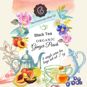 Ginger Peach (Tea Bag)combines fresh ginger and the essence of sun-ripened peaches with a base of organic black tea. Brewing size options 8 single serve tea bags, boxed (Box Net Wt. .7 oz.) or 4 - 1 Qt. tea bag (Box Net Wt. 1.7 oz) Ingredients: Organic black tea, organic ginger root, organic black pepper and natural flavor. Taste: A full-bodied black tea brew with a refreshing, fruity zing of a finish. Origin: Sourced from family tea gardens in the Darjeeling and Assam regions of India's Banaspaty Tea Estate. Ginger Peach (Tea Bag)combines fresh ginger and the essence of sun-ripened peaches with a base of organic black tea. Brewing size options 8 single serve tea bags, boxed (Box Net Wt. .7 oz.) or 4 - 1 Qt. tea bag (Box Net Wt. 1.7 oz) Ingredients: Organic black tea, organic ginger root, organic black pepper and natural flavor. Taste: A full-bodied black tea brew with a refreshing, fruity zing of a finish. Origin: Sourced from family tea gardens in the Darjeeling and Assam regions of India's Banaspaty Tea Estate.