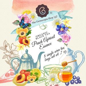 Peach-Apricot Essence (Tea Bag) combines an Australian lemon myrtle with natural peach flavor, apricot essence and an organic black tea base. Brewing size options 8 single serve tea bags, boxed (Box Net Wt. .7 oz.) or 4 - 1 Qt. tea bag (Box Net Wt. 1.7 oz) Ingredients: Organic black tea, organic lemon myrtle, natural flavor, organic calendula flowers and organic safflower. Taste: A full-bodied black tea brew with nuances of crisp fruit. Origin: Sourced from family tea gardens in the Darjeeling and Assam regions of India's Banaspaty Tea Estate. Peach-Apricot Essence (Tea Bag) combines an Australian lemon myrtle with natural peach flavor, apricot essence and an organic black tea base. Brewing size options 8 single serve tea bags, boxed (Box Net Wt. .7 oz.) or 4 - 1 Qt. tea bag (Box Net Wt. 1.7 oz) Ingredients: Organic black tea, organic lemon myrtle, natural flavor, organic calendula flowers and organic safflower. Taste: A full-bodied black tea brew with nuances of crisp fruit. Origin: Sourced from family tea gardens in the Darjeeling and Assam regions of India's Banaspaty Tea Estate.