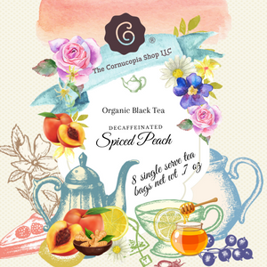 Decaffeinated Spiced Peach (Tea Bag)Green Tea Garden (Tea Bag) combines the essence of sun-ripened peaches with aromatic spices and a robust base of decaffeinated black tea. Brewing size options 8 single serve tea bags, boxed (Box Net Wt. .7 oz.) or 4 - 1 Qt. tea bag (Box Net Wt. 1.7 oz) Ingredients: Organic decaffeinated black tea, organic cloves, organic orange peel, organic cinnamon, organic allspice and natural flavor. Taste: is a full-bodied, cinnamon peach black tea brew, as rich as its caffeinated counterpart. Origin: Cornucopia's organic decaffeinated teas are sourced from the Putharjhora Tea Garden in Darjeeling, India. Brewing: Bring fresh water to a boil, add one tea bag to one 8 oz cup or 2 cup teapot, tea for one, filled with hot water allow the tea to steep for 5-7 minutes. 1 Qt. size add to 32 oz and up capacity teapot, let brew for 7-10 mins or desired strength and remove tea bag when ready to serve. Iced tea: in an iced tea maker (see item 41778) or large heat proof pitcher or teapot, brew 1 qt. bag as directed above and allow to cool on the counter before refrigerating. For sweet tea, start with 1/3 to ¼ cup of sugar, add hot water stir to dissolve, then add the tea bag to complete the brewing process. When creating an iced tea concentrate, after following the instructions above and cooled, keep the tea bag in the container and brew up to 24 hours in the refrigerator. Use within 2-3 days by adding cold filtered water and ice, lemon slices, or other fruits as desired by the glass or pitcher. Sip and enjoy Cornucopia's tea hot or over ice! Decaffeinated Spiced Peach (Tea Bag)Green Tea Garden (Tea Bag) combines the essence of sun-ripened peaches with aromatic spices and a robust base of decaffeinated black tea. Brewing size options 8 single serve tea bags, boxed (Box Net Wt. .7 oz.) or 4 - 1 Qt. tea bag (Box Net Wt. 1.7 oz) Ingredients: Organic decaffeinated black tea, organic cloves, organic orange peel, organic cinnamon, organic allspice and natural flavor. Taste: is a full-bodied, cinnamon peach black tea brew, as rich as its caffeinated counterpart. Origin: Cornucopia's organic decaffeinated teas are sourced from the Putharjhora Tea Garden in Darjeeling, India. Brewing: Bring fresh water to a boil, add one tea bag to one 8 oz cup or 2 cup teapot, tea for one, filled with hot water allow the tea to steep for 5-7 minutes. 1 Qt. size add to 32 oz and up capacity teapot, let brew for 7-10 mins or desired strength and remove tea bag when ready to serve. Iced tea: in an iced tea maker (see item 41778) or large heat proof pitcher or teapot, brew 1 qt. bag as directed above and allow to cool on the counter before refrigerating. For sweet tea, start with 1/3 to ¼ cup of sugar, add hot water stir to dissolve, then add the tea bag to complete the brewing process. When creating an iced tea concentrate, after following the instructions above and cooled, keep the tea bag in the container and brew up to 24 hours in the refrigerator. Use within 2-3 days by adding cold filtered water and ice, lemon slices, or other fruits as desired by the glass or pitcher. Sip and enjoy Cornucopia's tea hot or over ice!
