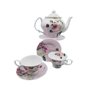 Liz Garden Tea 9pc tea set: Fine Bone China 9pc tea set with, 1 Teapot, and 4 Sets of Cup & Saucer. Modern and classic. Creamy rich red rose and pink pattern with script Gifting Idea: Birthday, Bridal Shower, or Mother's Day. treat yourself or someone you love! Includes: 9pc fine bone china tea set 1- 5 cup Teapot 4 - cup/saucer set Dishwasher safe Complimentary Enclosure Card Liz Garden Tea 9pc tea set: Fine Bone China 9pc tea set with, 1 Teapot, and 4 Sets of Cup & Saucer. Modern and classic. Creamy rich red rose and pink pattern with script Gifting Idea: Birthday, Bridal Shower, or Mother's Day. treat yourself or someone you love! Includes: 9pc fine bone china tea set 1- 5 cup Teapot 4 - cup/saucer set Dishwasher safe Complimentary Enclosure Card