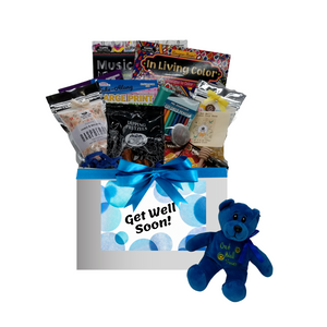 You are Missed - Get Well Soon Care Basket: This healing wish care basket is filled with thoughtful items that provide, a message that it’s okay to take it easy and heal.  It’s filled with healthy treats, a little fun, and lots of loving thoughts.  A get well soon plush bear, healthy tea, mini honey, and tea ball to help keep them hydrated, chicken soup base mix. And when they’re feeling better, adult coloring books and colored pencils, crossword and word find puzzle book, and a little sweet option with Raspberry or shortbread cookies to have with their tea.   Plush Get Well Bear, 2 Adult Coloring Books, Colored Pencil Set, Crossword and Word Find Puzzle Books, 1 oz 12 cups Cornucopia’s Detox Tea (Loose Leaf) Ingredients: Organic lemongrass leaf, organic echinacea purpurea herb, organic licorice root, organic dandelion root, organic peppermint leaf, organic Tulsi leaf and organic ginger root. 1 1/2" Tea Ball, stainless steel, Dickinson's Mini Honey 1 oz, Honey Spool wooden, Chicken Noodle Soup Base, by Rabbit Creek for the Cornucopia Shop, East Shore Dipping Pretzel, 4 oz Walker's Fingers Shortbread Cookie -2 pack, 5 oz J & M Raspberry Tea Cookies.  Gift comes wrapped in cellophane with hand tied bow, a complimentary enclosure card with your personal get well message