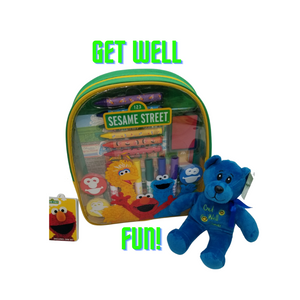 Get Well Activity Backpack - Sesame Street - Sesame Street This Get we; care bear and Sesame Street® Art and Activity Backpack makes the perfect get-well gift for any aspiring young artist! Kids will enjoy endless creative fun with over 20 arts and crafts materials all together with easy storage and portability. Great for creative fun at home or on the go! • Measures 10 inches by 11 inches by 2.75 inches • Backpack includes: 6 broadline markers, 6 jumbo crayons, 4 foam stampers, 2 sticker sheets, 1 artist pad, and 1 ink pad, • Reusable backpack • Backpack features thick, cushioned straps and handle, • Straps are adjustable, • Zipper closure • Markers are washable from skin and most children's clothing, • Great for creative fun at home or on the go! • Licensed product • Get Well Care Bear Gift Card included with your personal message tucked inside the package. Get Well Activity Backpack - Sesame Street - Sesame Street This Get we; care bear and Sesame Street® Art and Activity Backpack makes the perfect get-well gift for any aspiring young artist! Kids will enjoy endless creative fun with over 20 arts and crafts materials all together with easy storage and portability. Great for creative fun at home or on the go! • Measures 10 inches by 11 inches by 2.75 inches • Backpack includes: 6 broadline markers, 6 jumbo crayons, 4 foam stampers, 2 sticker sheets, 1 artist pad, and 1 ink pad, • Reusable backpack • Backpack features thick, cushioned straps and handle, • Straps are adjustable, • Zipper closure • Markers are washable from skin and most children's clothing, • Great for creative fun at home or on the go! • Licensed product • Get Well Care Bear Gift Card included with your personal message tucked inside the package.