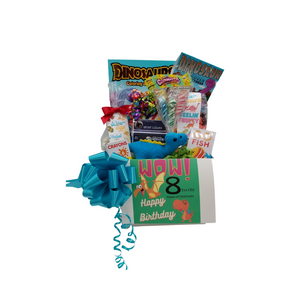 Happy Birthday Dinosaur Fun: So much fun packed into this Happy Birthday gift box Dinosaur themed activities and treats to learn and enjoy on their birthday. Great for ages 3 and up. Comes with a stuffed dinosaur animal, coloring books, activity gifts, crayons, kids playing card go fish, Jelly Belly assorted jellybeans, Dino-Corn a tutti fruity popcorn, carnival twist pops, Dino-eggs a candy-coated pretzel bites, Birthday Box of hard candies name brand mix such as Starburst, Sweet Tarts, Skittles and much more. Personalized options, fill out here, before placing in the cart. Includes: Stuffed Dinosaur, (assorted dinosaur and colors), Dinosaur Coloring & Activity Book, 6 pc Crayon set, Dinosaur Activity Book, Dinosaur Fossil Building Set, (assorted sets) 15" Measured sitting. Go Fish playing card game, 2 oz bag Dino -Eggs – Candy Coated Pretzel Bites, Carnival assorted Twist Pops, 6 oz Dino Corn-Happy Birthday Fruity Popcorn, 1 oz Jelly Belly 20 Flavor Snack Bag, 4 oz Assorted Birthday Candy Box, a mix of name brand candy such as Starburst, Sweet Tarts, Tootsie Roll, Jolly Rancher Skittles, Nerds, Laffy Taffy or Tootsie Fruit Chews. Mix may vary in each gift. ribbon curls, Happy Birthday Dino greeting card: Personalized, Child’s Name Child’s Age Your personalized message on the flip side, tucked into the front of the gift box as shown. Gift comes wrapped in cellophane with decorative bow. Happy Birthday Dinosaur Fun: So much fun packed into this Happy Birthday gift box Dinosaur themed activities and treats to learn and enjoy on their birthday. Great for ages 3 and up. Comes with a stuffed dinosaur animal, coloring books, activity gifts, crayons, kids playing card go fish, Jelly Belly assorted jellybeans, Dino-Corn a tutti fruity popcorn, carnival twist pops, Dino-eggs a candy-coated pretzel bites, Birthday Box of hard candies name brand mix such as Starburst, Sweet Tarts, Skittles and much more. Personalized options, fill out here, before placing in the cart. Includes: Stuffed Dinosaur, (assorted dinosaur and colors), Dinosaur Coloring & Activity Book, 6 pc Crayon set, Dinosaur Activity Book, Dinosaur Fossil Building Set, (assorted sets) 15" Measured sitting. Go Fish playing card game, 2 oz bag Dino -Eggs – Candy Coated Pretzel Bites, Carnival assorted Twist Pops, 6 oz Dino Corn-Happy Birthday Fruity Popcorn, 1 oz Jelly Belly 20 Flavor Snack Bag, 4 oz Assorted Birthday Candy Box, a mix of name brand candy such as Starburst, Sweet Tarts, Tootsie Roll, Jolly Rancher Skittles, Nerds, Laffy Taffy or Tootsie Fruit Chews. Mix may vary in each gift. ribbon curls, Happy Birthday Dino greeting card: Personalized, Child’s Name Child’s Age Your personalized message on the flip side, tucked into the front of the gift box as shown. Gift comes wrapped in cellophane with decorative bow.