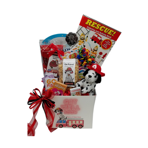 Happy Birthday Firefighter Fun-Personalized: So much fun packed into this Firefighter themed Get Well gift box filled with activities and treats to learn and enjoy. Great for ages 3 and up. Comes with a stuffed Firehouse Dalmatian dog, rescue themed coloring book, activity book for boys, crayons, 3-kids playing card sets, Jelly Belly assorted jellybeans, On Patrol- Candy Coated Popcorn, carnival twist pops, Firehouse Favorites – Licorice sticks, Festive Box of hard candies name brand mix such as Starburst, Sweet Tarts, Skittles and much more. Personalized options, fill out here, before placing in the cart. Includes: • Firehouse Dalmatian stuff Dog Toy, • Rescue Coloring & Activity Book, • 6 pc Crayon set, • Activity Book for Boys, includes a sticker set, • Firefighter’s Badge, very official looking, plastic badge • 3 playing card games, Go Fish, Old Maids, Monster Hearts, • 2 oz bag Firehouse Favorite Strawberry Licorice Sticks, • Carnival assorted Twist Pops, • 6 oz On Patrol – Candy Coated Popcorn, • 1 oz Jelly Belly 20 Flavor Snack Bag, • 4 oz Assorted Festive Box, with curled ribbon, a mix of name brand candy such as Starburst, Sweet Tarts, Tootsie Roll, Jolly Rancher Skittles, Nerds, Laffy Taffy or Tootsie Fruit Chews. Mix may vary in each gift. ribbon curls, • Get Well Firefighter greeting card: Personalized. o Child’s Name o Your personal message on the flip side, tucked into the front of the gift box as shown. Gift comes wrapped in cellophane with decorative bow. Happy Birthday Firefighter Fun-Personalized: So much fun packed into this Firefighter themed Get Well gift box filled with activities and treats to learn and enjoy. Great for ages 3 and up. Comes with a stuffed Firehouse Dalmatian dog, rescue themed coloring book, activity book for boys, crayons, 3-kids playing card sets, Jelly Belly assorted jellybeans, On Patrol- Candy Coated Popcorn, carnival twist pops, Firehouse Favorites – Licorice sticks, Festive Box of hard candies name brand mix such as Starburst, Sweet Tarts, Skittles and much more. Personalized options, fill out here, before placing in the cart. Includes: • Firehouse Dalmatian stuff Dog Toy, • Rescue Coloring & Activity Book, • 6 pc Crayon set, • Activity Book for Boys, includes a sticker set, • Firefighter’s Badge, very official looking, plastic badge • 3 playing card games, Go Fish, Old Maids, Monster Hearts, • 2 oz bag Firehouse Favorite Strawberry Licorice Sticks, • Carnival assorted Twist Pops, • 6 oz On Patrol – Candy Coated Popcorn, • 1 oz Jelly Belly 20 Flavor Snack Bag, • 4 oz Assorted Festive Box, with curled ribbon, a mix of name brand candy such as Starburst, Sweet Tarts, Tootsie Roll, Jolly Rancher Skittles, Nerds, Laffy Taffy or Tootsie Fruit Chews. Mix may vary in each gift. ribbon curls, • Get Well Firefighter greeting card: Personalized. o Child’s Name o Your personal message on the flip side, tucked into the front of the gift box as shown. Gift comes wrapped in cellophane with decorative bow.