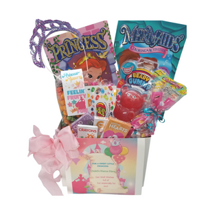 Get Well Princess Fun Personalized Gift Basket Box: So much fun packed into this Princess themed get well gift box. A princess Tiara in either pink, purple or silver and filled with activities and treats to learn and enjoy. Great for ages 4 and up. Comes with a Beary Gummy Super squeezy toy, Princess coloring activity book, crayons, 3-kids playing card sets, Jelly Belly assorted jellybeans, Princess – Tutti Fruity Popcorn, carnival twist pops, Get Well Sugar Cookies, Festive Box of hard candies name brand mix such as Starburst, Sweet Tarts, Skittles and much more.  Personalized options, fill out here, before placing in the cart. Includes: •	Princess Tiara in either pink, purple, or silver, •	Princess Coloring Book •	Mermaids Coloring & Activity Set, •	6 pc Crayon set, •	3 playing card games, Go Fish, Old Maids, Monster Hearts, •	Beary Gummy Toy in assorted colors, super squeezy toy for ages 4 and up, Toy measures approximately 5 inches by 3.3 inches. Conforms to the safety requirements of ASTM F963. •	Carnival assorted Twist Pops, •	6 oz Princess Fruity Fun – Candy Coated Popcorn, •	2 oz festive bag Cotton Candy Puffs •	1 oz Jelly Belly 20 Flavor Snack Bag, •	4 oz Assorted Festive Box, with curled ribbon, a mix of name brand candy such as Starburst, Sweet Tarts, Tootsie Roll, Jolly Rancher Skittles, Nerds, Laffy Taffy or Tootsie Fruit Chews. Mix may vary in each gift. ribbon curls, •	Get Well Princess greeting card: Personalized.  o	Child’s Name o	Your personal message on the flip side, tucked into the front of the gift box as shown.   Gift comes wrapped in cellophane with decorative bow.