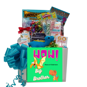 I'm a Big Brother, Dinosaur Fun - Personalized Gift Basket Box: So much fun packed into this I'm a Big Brother gift box Dinosaur themed activities and treats to learn and enjoy. Great for ages 3 and up. Comes with a stuffed dinosaur animal, coloring books, activity gifts, crayons, kids playing card go fish, Jelly Belly assorted jellybeans, Dino-Corn a tutti fruity popcorn, carnival twist pops, Dino-eggs a candy-coated pretzel bites, Festive Box of hard candies name brand mix such as Starburst, Sweet Tarts, Skittles and much more. Personalized options, fill out here, before placing in the cart. Includes: • Stuffed Dinosaur, (assorted dinosaur and colors), • Dinosaur Coloring & Activity Book, • 6 pc Crayon set, • Dinosaur Activity Book, • Dinosaur Fossil Building Set, (assorted sets) 15" Measured sitting. • Go Fish playing card game, • 2 oz bag Dino -Eggs – Candy Coated Pretzel Bites, • Carnival assorted Twist Pops, • 6 oz Dino Corn-Tutti Fruity Popcorn, • 1 oz Jelly Belly 20 Flavor Snack Bag, • 4 oz Assorted hard Candy Box, a mix of name brand candy such as Starburst, Sweet Tarts, Tootsie Roll, Jolly Rancher Skittles, Nerds, Laffy Taffy or Tootsie Fruit Chews. Mix may vary in each gift. ribbon curls, • I'm a Big Brother, greeting card: Personalized. o Child’s Name o Your personal message on the flip side, tucked into the front of the gift box as shown. Gift comes wrapped in cellophane with decorative bow. I'm a Big Brother, Dinosaur Fun - Personalized Gift Basket Box: So much fun packed into this I'm a Big Brother gift box Dinosaur themed activities and treats to learn and enjoy. Great for ages 3 and up. Comes with a stuffed dinosaur animal, coloring books, activity gifts, crayons, kids playing card go fish, Jelly Belly assorted jellybeans, Dino-Corn a tutti fruity popcorn, carnival twist pops, Dino-eggs a candy-coated pretzel bites, Festive Box of hard candies name brand mix such as Starburst, Sweet Tarts, Skittles and much more. Personalized options, fill out here, before placing in the cart. Includes: • Stuffed Dinosaur, (assorted dinosaur and colors), • Dinosaur Coloring & Activity Book, • 6 pc Crayon set, • Dinosaur Activity Book, • Dinosaur Fossil Building Set, (assorted sets) 15" Measured sitting. • Go Fish playing card game, • 2 oz bag Dino -Eggs – Candy Coated Pretzel Bites, • Carnival assorted Twist Pops, • 6 oz Dino Corn-Tutti Fruity Popcorn, • 1 oz Jelly Belly 20 Flavor Snack Bag, • 4 oz Assorted hard Candy Box, a mix of name brand candy such as Starburst, Sweet Tarts, Tootsie Roll, Jolly Rancher Skittles, Nerds, Laffy Taffy or Tootsie Fruit Chews. Mix may vary in each gift. ribbon curls, • I'm a Big Brother, greeting card: Personalized. o Child’s Name o Your personal message on the flip side, tucked into the front of the gift box as shown. Gift comes wrapped in cellophane with decorative bow.