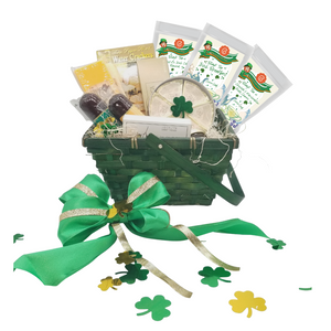 St Patrick’s Lucky Gift Basket: Send a little luck of the Irish this season. Tasty gourmet treats and desserts fun to send and receive for anyone! This St. Patrick’s gift is filled with a showcase of gourmet specialties and gifts ideal for a grand impression appropriate for any occasion. An array of shelf-stable, cheeses, Summer Sausage, Gourmet Crackers, Teas for St. Patrick’s Day, Candy. Simply gourmet, simply delicious gift. • Dark Green Wicker Basket with dropdown handle, 8" x 7" 4 1/2" D, • 3-1 oz Net Wt. 28g, St. Patrick's Day Variety Pack - Loose-Leaf Tea. Each makes 12 cups of tea. o Blimey! it's Irish Coffee Flavored -Rooibos Tea o Irish Breakfast- Blk Tea o Black Tea, Dark Chocolate & Fruity Marshmallow Charms • 2 - 5 oz Summer Sausage o Roasted Garlic o Beef • 4 oz Brie Cheese Wheel, • 4 oz Gilman’s Cheddar Stick, • 4 oz Gilman’s Swiss Cheese, • 1 oz Mini Roasted Onion and Fig Jelly, perfect complement to meat and cheese. • 1 oz box Gourmet Black Pepper Cracker, • 0.9 oz box Olive Oil and Sea Salt Crackers, • .77 oz Almond Roca by Brown & Haley. Gift comes wrapped in cellophane with hand tied Shamrock Green & Gold bow, Shamrock Confetti. A complimentary enclosure card with your personal message. St Patrick’s Lucky Gift Basket: Send a little luck of the Irish this season. Tasty gourmet treats and desserts fun to send and receive for anyone! This St. Patrick’s gift is filled with a showcase of gourmet specialties and gifts ideal for a grand impression appropriate for any occasion. An array of shelf-stable, cheeses, Summer Sausage, Gourmet Crackers, Teas for St. Patrick’s Day, Candy. Simply gourmet, simply delicious gift. • Dark Green Wicker Basket with dropdown handle, 8" x 7" 4 1/2" D, • 3-1 oz Net Wt. 28g, St. Patrick's Day Variety Pack - Loose-Leaf Tea. Each makes 12 cups of tea. o Blimey! it's Irish Coffee Flavored -Rooibos Tea o Irish Breakfast- Blk Tea o Black Tea, Dark Chocolate & Fruity Marshmallow Charms • 2 - 5 oz Summer Sausage o Roasted Garlic o Beef • 4 oz Brie Cheese Wheel, • 4 oz Gilman’s Cheddar Stick, • 4 oz Gilman’s Swiss Cheese, • 1 oz Mini Roasted Onion and Fig Jelly, perfect complement to meat and cheese. • 1 oz box Gourmet Black Pepper Cracker, • 0.9 oz box Olive Oil and Sea Salt Crackers, • .77 oz Almond Roca by Brown & Haley. Gift comes wrapped in cellophane with hand tied Shamrock Green & Gold bow, Shamrock Confetti. A complimentary enclosure card with your personal message.