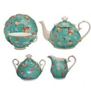 Shabby Rose Grace 11pc Tea Set-Turq: Grace's Teaware, Porcelain Teapot with 4 Cup/saucer set, Cream & Sugar, in a shabby chic turquoise floral print with pink background, white handle and spout gold Trimmed. Made of Porcelain.    1 Teapot, 1 Set of Sugar & Creamer, 4 Sets of Cup & Saucer.    Enclosure card included with your personal message.