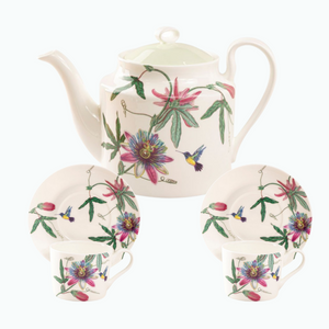 Lotis Bone China Tea Set: Grace's Teaware, Fine Bone China. 5 cup Teapot with 2 Cup/saucer set, Cream & Sugar, in Hummingbird print. 1 5 cup Teapot, 2 Sets of 7 oz Cup & Saucer. Enclosure card included with your personal message. Lotis Bone China Tea Set: Grace's Teaware, Fine Bone China. 5 cup Teapot with 2 Cup/saucer set, Cream & Sugar, in Hummingbird print. 1 5 cup Teapot, 2 Sets of 7 oz Cup & Saucer. Enclosure card included with your personal message.