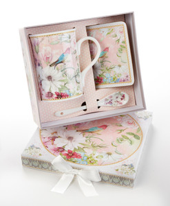 Pink Peony Mug Coaster Spoon Set in Gift Box will brighten anyone's day in its own matching print gift box with matching satin ribbon. The matching coaster is perfect for any spot you leave your cup and the porcelain teaspoon makes tea time all the more special. Gifting Idea: birthday gift, bridal shower, get well, office gift, or thank you. Includes: 4.9" Porcelain Mug in gift box Matching Coaster Matching Porcelain Teaspoon Dishwasher safe Pink Peony Mug Coaster Spoon Set in Gift Box will brighten anyone's day in its own matching print gift box with matching satin ribbon. The matching coaster is perfect for any spot you leave your cup and the porcelain teaspoon makes tea time all the more special. Gifting Idea: birthday gift, bridal shower, get well, office gift, or thank you. Includes: 4.9" Porcelain Mug in gift box Matching Coaster Matching Porcelain Teaspoon Dishwasher safe