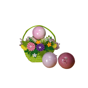 Spa Luxury - Bath Bomb Collection: A luxurious spa 6 pack bath bomb set in a felt floral basket with handle. Enjoy aromatherapy benefits and refresh your mind, body, and spirit. Includes the following bath bombs: • 1-5oz 2.25” Diameter Spa Tonic (Aloe and Lemon), • 1-5oz 2.25” Diameter Lavender Petal, • 1-5oz 2.25” Diameter Eucalyptus Spa, • 1-5oz 2.25” Diameter Sugar Rose, • 1-5oz 2.25” Diameter Vanilla Caramel Cream, • 1-5oz 2.25” Diameter Rose Petal, • Floral Felt Gift Basket keepsake. Ingredients: Sodium Bicarbonate, Citric Acid, Epsom Salt, Coconut Oil, Fragrance, Aqua, Polysorbate 80, FD&C Colorant. Spa Luxury - Bath Bomb Collection: A luxurious spa 6 pack bath bomb set in a felt floral basket with handle. Enjoy aromatherapy benefits and refresh your mind, body, and spirit. Includes the following bath bombs: • 1-5oz 2.25” Diameter Spa Tonic (Aloe and Lemon), • 1-5oz 2.25” Diameter Lavender Petal, • 1-5oz 2.25” Diameter Eucalyptus Spa, • 1-5oz 2.25” Diameter Sugar Rose, • 1-5oz 2.25” Diameter Vanilla Caramel Cream, • 1-5oz 2.25” Diameter Rose Petal, • Floral Felt Gift Basket keepsake. Ingredients: Sodium Bicarbonate, Citric Acid, Epsom Salt, Coconut Oil, Fragrance, Aqua, Polysorbate 80, FD&C Colorant.