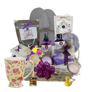 Spa Day French Lavender Bliss– Luxury Spa Gift Basket by The Cornucopia Shop LLC: Our Bath Soaks are made of the highest quality ingredients of botanicals, Teas, Essential Oils, Dead Sea Bath Salts, Epsom Bath Salts, & Pink Himalayan Salts. Aromatherapy to lift and rejuvenate the mind. Our line includes Hand Crafted Cold Process Soaps, Body Lotions and Perfume Body Sprays, and Luxury Bath Bombs to sooth, soften and re-fresh. Dried Botanical Lingerie Sachet to scent a drawer. Includes:  •	1- Reusable whitewashed natural fiber basket, •	1- 4 oz Lavender Bath Salts all-natural no dyes Super Lavender origin France, •	1- 8 oz Lavender Vanilla Body Lotion, •	1- 8 oz. Lavender Vanilla Body Spray, •	1-.05 oz Super Lavender Drawer Sachet, •	2- Linen Bath Tea Bags (reusable) hand wash, •	1- Wooden Bath Salt Scoop,  •	1- Buff Puff, •	1- Ladies Slippers, open toe, •	1 - Chintz Rose Footed Mug, Porcelain, •	1- oz Sleep - Cornucopia’s Tea, yields approx. 12 cups, Organic, Kosher •	1- Mini Honey, •	1- Wood Honey Spool,  •	1- Stainless steel tea ball with Charm 1 1/2 ", •	1 - Smudge Stick, burn to cleans an area of your home for spiritual renewal.  •	5 oz 2 1/2 “, Lavender Petals Bath Bomb, •	3 Cold Process Bar Soaps,  o	1 Oak Moss Lavender Scrub, o	Ylang Ylang & Lavender, o	Lavender Lemongrass. Gift comes shrink wrapped in reusable whitewashed natural fiber basket with handles, natural fiber fill, decorative gift bow, and enclosure gift card. Key Ingredients: Bath Salt: Organic Lavender- Super French, Epsom Salts, Lavendar Essential Oil. Body lotion: Water, Blend of (Coconut Oil, Hempseed Oil, Sunflower Oil, Vitamin E, Mineral Oil), Propylene Glycol, Stearic Acid, Cetyl Alcohol, Phenoxyethanol, Ethylhexylglycerin, Glyceryl Stearate, Petrolatum, TEA 99%, Proprietary Fragrance and Essential Oil Blend, Dimethicone, Carbopol, Disodium EDTA, Allantoin, Aloe Vera Gel. Perfume Body Spray: Water, Polysorbate 20, Fragrance, DMDM Hydantoin, Disodium EDTA Cold Process Soaps: Olive Oil, Soybean Oil, Coconut Oil, Corn Oil. Sunflower Oil, Organic Shea Butter, Water. Sodium Hydroxide (Lye), Fragrance INCI: Olea Europaea (Olive) Oil, Glycine Soja (Soybean) Oil, Cocos Nucifera (Coconut) Oil, Zea Mays (Corn) Oil, Helianthus Annuus (Sunflower) Seed Oil, Butyrospermum Parkii (Shea Butter), Aqua, Sodium Hydroxide, Fragrance. May contain FD&C color. Please note that due to the handmade nature of this soap, color shades and swirl styles may slightly vary. Each loaf and bar is unique! Spa Day French Lavender Bliss– Luxury Spa Gift Basket by The Cornucopia Shop LLC: Our Bath Soaks are made of the highest quality ingredients of botanicals, Teas, Essential Oils, Dead Sea Bath Salts, Epsom Bath Salts, & Pink Himalayan Salts. Aromatherapy to lift and rejuvenate the mind. Our line includes Hand Crafted Cold Process Soaps, Body Lotions and Perfume Body Sprays, and Luxury Bath Bombs to sooth, soften and re-fresh. Dried Botanical Lingerie Sachet to scent a drawer. Includes:  •	1- Reusable whitewashed natural fiber basket, •	1- 4 oz Lavender Bath Salts all-natural no dyes Super Lavender origin France, •	1- 8 oz Lavender Vanilla Body Lotion, •	1- 8 oz. Lavender Vanilla Body Spray, •	1-.05 oz Super Lavender Drawer Sachet, •	2- Linen Bath Tea Bags (reusable) hand wash, •	1- Wooden Bath Salt Scoop,  •	1- Buff Puff, •	1- Ladies Slippers, open toe, •	1 - Chintz Rose Footed Mug, Porcelain, •	1- oz Sleep - Cornucopia’s Tea, yields approx. 12 cups, Organic, Kosher •	1- Mini Honey, •	1- Wood Honey Spool,  •	1- Stainless steel tea ball with Charm 1 1/2 ", •	1 - Smudge Stick, burn to cleans an area of your home for spiritual renewal.  •	5 oz 2 1/2 “, Lavender Petals Bath Bomb, •	3 Cold Process Bar Soaps,  o	1 Oak Moss Lavender Scrub, o	Ylang Ylang & Lavender, o	Lavender Lemongrass. Gift comes shrink wrapped in reusable whitewashed natural fiber basket with handles, natural fiber fill, decorative gift bow, and enclosure gift card. Key Ingredients: Bath Salt: Organic Lavender- Super French, Epsom Salts, Lavendar Essential Oil. Body lotion: Water, Blend of (Coconut Oil, Hempseed Oil, Sunflower Oil, Vitamin E, Mineral Oil), Propylene Glycol, Stearic Acid, Cetyl Alcohol, Phenoxyethanol, Ethylhexylglycerin, Glyceryl Stearate, Petrolatum, TEA 99%, Proprietary Fragrance and Essential Oil Blend, Dimethicone, Carbopol, Disodium EDTA, Allantoin, Aloe Vera Gel. Perfume Body Spray: Water, Polysorbate 20, Fragrance, DMDM Hydantoin, Disodium EDTA Cold Process Soaps: Olive Oil, Soybean Oil, Coconut Oil, Corn Oil. Sunflower Oil, Organic Shea Butter, Water. Sodium Hydroxide (Lye), Fragrance INCI: Olea Europaea (Olive) Oil, Glycine Soja (Soybean) Oil, Cocos Nucifera (Coconut) Oil, Zea Mays (Corn) Oil, Helianthus Annuus (Sunflower) Seed Oil, Butyrospermum Parkii (Shea Butter), Aqua, Sodium Hydroxide, Fragrance. May contain FD&C color. Please note that due to the handmade nature of this soap, color shades and swirl styles may slightly vary. Each loaf and bar is unique!