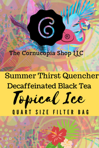 Decaffeinated Tropical Ice blends robust organic black tea that is 98% caffeine-free with the tropical fruit essences of mango, passionfruit and guava. Each package contains a total of 6 one-quart brew bags. Iced Tea Quart Sized Brew Bags: Bring fresh water to a boil. Add 1 brew bag to one quart of water in a heat proof container. Remove tea bag/strain tea leaves, and let infused tea cool to room temperature. Serve over ice or chill. Discard unused iced tea after 48 hours. Multiply proportions of iced tea brew bags to make larger quantities. Iced tea: in an iced tea maker (see item 41778) or large heat proof pitcher or teapot, brew 1 qt. bag as directed above and allow to cool on the counter before refrigerating. For sweet tea, start with 1/3 to ¼ cup of sugar, add hot water stir to dissolve, then add the tea bag to complete the brewing process. Type of tea/ Brewing time Green Teas: 2-3 mins. with water just under boiling point White Teas: 3-5 mins. with water just under boiling point Herbs/Herbal Teas/Red Teas: 5-7 mins. with boiling water Black/Oolong Teas: 3-5 mins. with boiling water Amount of Iced Tea Desired 1 quart (serves 4 people) = 1 brew bag 1 gallon (serves 16 people) = 4 brew bags For each additional gallon, add 4 brew bags Decaffeinated Tropical Ice blends robust organic black tea that is 98% caffeine-free with the tropical fruit essences of mango, passionfruit and guava. Each package contains a total of 6 one-quart brew bags. Iced Tea Quart Sized Brew Bags: Bring fresh water to a boil. Add 1 brew bag to one quart of water in a heat proof container. Remove tea bag/strain tea leaves, and let infused tea cool to room temperature. Serve over ice or chill. Discard unused iced tea after 48 hours. Multiply proportions of iced tea brew bags to make larger quantities. Iced tea: in an iced tea maker (see item 41778) or large heat proof pitcher or teapot, brew 1 qt. bag as directed above and allow to cool on the counter before refrigerating. For sweet tea, start with 1/3 to ¼ cup of sugar, add hot water stir to dissolve, then add the tea bag to complete the brewing process. Type of tea/ Brewing time Green Teas: 2-3 mins. with water just under boiling point White Teas: 3-5 mins. with water just under boiling point Herbs/Herbal Teas/Red Teas: 5-7 mins. with boiling water Black/Oolong Teas: 3-5 mins. with boiling water Amount of Iced Tea Desired 1 quart (serves 4 people) = 1 brew bag 1 gallon (serves 16 people) = 4 brew bags For each additional gallon, add 4 brew bags