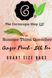 Ginger Peach Ice combines robust organic black tea with ginger and the essence of sun-ripened peaches. Iced Tea Quart Sized Brew Bags: Bring fresh water to a boil. Add 1 brew bag to one quart of water in a heat proof container. Remove tea bag/strain tea leaves, and let infused tea cool to room temperature. Serve over ice or chill. Discard unused iced tea after 48 hours. Multiply proportions of iced tea brew bags to make larger quantities. Iced tea: in an iced tea maker (see item 41778) or large heat proof pitcher or teapot, brew 1 qt. bag as directed above and allow to cool on the counter before refrigerating. For sweet tea, start with 1/3 to ¼ cup of sugar, add hot water stir to dissolve, then add the tea bag to complete the brewing process. Type of tea/ Brewing time Green Teas: 2-3 mins. with water just under boiling point White Teas: 3-5 mins. with water just under boiling point Herbs/Herbal Teas/Red Teas: 5-7 mins. with boiling water Black/Oolong Teas: 3-5 mins. with boiling water Amount of Iced Tea Desired 1 quart (serves 4 people) = 1 brew bag 1 gallon (serves 16 people) = 4 brew bags For each additional gallon, add 4 brew bags Ginger Peach Ice combines robust organic black tea with ginger and the essence of sun-ripened peaches. Iced Tea Quart Sized Brew Bags: Bring fresh water to a boil. Add 1 brew bag to one quart of water in a heat proof container. Remove tea bag/strain tea leaves, and let infused tea cool to room temperature. Serve over ice or chill. Discard unused iced tea after 48 hours. Multiply proportions of iced tea brew bags to make larger quantities. Iced tea: in an iced tea maker (see item 41778) or large heat proof pitcher or teapot, brew 1 qt. bag as directed above and allow to cool on the counter before refrigerating. For sweet tea, start with 1/3 to ¼ cup of sugar, add hot water stir to dissolve, then add the tea bag to complete the brewing process. Type of tea/ Brewing time Green Teas: 2-3 mins. with water just under boiling point White Teas: 3-5 mins. with water just under boiling point Herbs/Herbal Teas/Red Teas: 5-7 mins. with boiling water Black/Oolong Teas: 3-5 mins. with boiling water Amount of Iced Tea Desired 1 quart (serves 4 people) = 1 brew bag 1 gallon (serves 16 people) = 4 brew bags For each additional gallon, add 4 brew bags