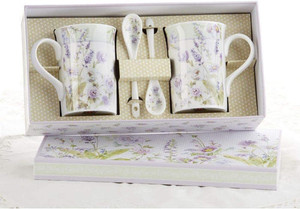 Lavender Rose Mug Spoon Set for two in Gift Box. Mug Spoon Set for two in Gift Box will brighten a couples day in its own matching print gift box. Mug Spoon Set for two makes tea time all the more special with you and a friend. Gifting Idea: birthday gift, bridal shower, get well, office gift, or thank you.  

Includes:

 

two 4.9" Porcelain Mugs in gift box

Two Matching Porcelain Teaspoon 
Dishwasher safe