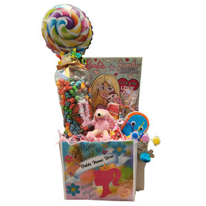 Get Well Barbie Personalized Gift Basket Box: So much fun packed into this Barbie themed gift box. A jumbo Barbie activity and coloring book. crayons, strawberries & creamsicle lollypop, sweet n fruity mix popcorn, pink poodle mini plush toy, bundle of lollypops mixed flavors, flower power cello bag of assorted candies, google r=eyed popsicle note pad, flower power key chain paint kit. Personalized options: fill out on this page, before placing in the cart.  Includes:  •	Jumbo Barbie Coloring Book,  •	Plush Mini Pink Poodle,   •	8 oz bag Thatcher's Fruity Fun – Candy Coated Popcorn,  •	6 pc Crayon set,  •	Flower Power Key Chain Paint Kit,  •	Assorted Flavor Mix Lolli-Pop Bundle,  •	2 oz festive bag Hard Candy,   •	Strawberries and Creamsicle Lolli-Pop,  •	Carnival Popsicle Balloon with ribbon curls,   •	Get Well Barbie greeting card: Personalized.    o	Child’s Name  o	Your personal message on the flip side, tucked into the front of the gift box as shown.    Gift comes wrapped in cellophane with decorative bow.