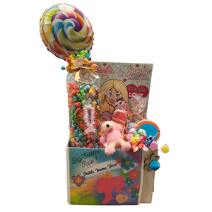 Barbie I'm a Big Sister-Personalized Gift Basket Box Personalized Gift Basket Box: So much fun packed into this Barbie themed gift box. A jumbo Barbie activity and coloring book. crayons, strawberries & creamsicle lollypop, sweet n fruity mix popcorn, pink poodle mini plush toy, bundle of lollypops mixed flavors, flower power cello bag of assorted candies, google r=eyed popsicle note pad, flower power key chain paint kit. Personalized options: fill out on this page, before placing in the cart. Includes: Jumbo Barbie Coloring Book, Plush Mini Pink Poodle, 8 oz bag Thatcher's Fruity Fun – Candy Coated Popcorn, 6 pc Crayon set, Flower Power Key Chain Paint Kit, Assorted Flavor Mix Lolli-Pop Bundle, 2 oz festive bag Hard Candy, Strawberries and Creamsicle Lolli-Pop, Carnival Popsicle Balloon with ribbon curls, Get Well Barbie greeting card: Personalized. Child’s Name Your personal message on the flip side, tucked into the front of the gift box as shown. Gift comes wrapped in cellophane with decorative bow. Barbie I'm a Big Sister-Personalized Gift Basket Box Personalized Gift Basket Box: So much fun packed into this Barbie themed gift box. A jumbo Barbie activity and coloring book. crayons, strawberries & creamsicle lollypop, sweet n fruity mix popcorn, pink poodle mini plush toy, bundle of lollypops mixed flavors, flower power cello bag of assorted candies, google r=eyed popsicle note pad, flower power key chain paint kit. Personalized options: fill out on this page, before placing in the cart. Includes: Jumbo Barbie Coloring Book, Plush Mini Pink Poodle, 8 oz bag Thatcher's Fruity Fun – Candy Coated Popcorn, 6 pc Crayon set, Flower Power Key Chain Paint Kit, Assorted Flavor Mix Lolli-Pop Bundle, 2 oz festive bag Hard Candy, Strawberries and Creamsicle Lolli-Pop, Carnival Popsicle Balloon with ribbon curls, Get Well Barbie greeting card: Personalized. Child’s Name Your personal message on the flip side, tucked into the front of the gift box as shown. Gift comes wrapped in cellophane with decorative bow.