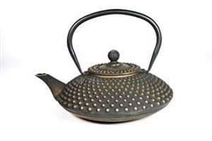 Iron Teapot “Xiamen”
black-gold, with relief,
enameled inside,
stainless steel strainer,
content 5 cups
(40.6 fl. oz. / 1.2 l)
made in China
To clean, rinse with warm water and hand dry.  Not dishwasher safe.  Not for stove top or microwave use. Iron Teapot “Xiamen”
black-gold, with relief,
enameled inside,
stainless steel strainer,
content 5 cups
(40.6 fl. oz. / 1.2 l)
made in China
To clean, rinse with warm water and hand dry.  Not dishwasher safe.  Not for stove top or microwave use.