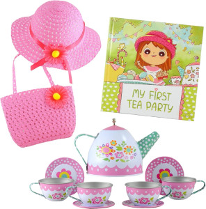 About this product
Tea Party 12 piece Gift Set is certain to be her favorite gift! The set contains everything she needs to host her first tea party including a fully illustrated storybook, 9-piece tin tea set, adorable pink hat and matching purse.
My First Tea Party is a delightful rhyming story written by Jennifer Driscoll and illustrated by Daryna Pazenko about a little girl who has her first tea party and everything she does to plan and host the perfect event. Book measures 7.5” x 7.5” with 24 watercolor illustrated pages.
Tea set comes with a teapot, 4 cups, and 4 saucers and has a garden floral print that matches the tea set in the book. Set is made of durable tin and is food safe and lead free.
Hat and Purse are complete with satin ribbon and pink and yellow flower. Hat is made of straw and measures approximately 11” across and 5” tall with an inside diameter of 7.5” . About this product
Tea Party 12 piece Gift Set is certain to be her favorite gift! The set contains everything she needs to host her first tea party including a fully illustrated storybook, 9-piece tin tea set, adorable pink hat and matching purse.
My First Tea Party is a delightful rhyming story written by Jennifer Driscoll and illustrated by Daryna Pazenko about a little girl who has her first tea party and everything she does to plan and host the perfect event. Book measures 7.5” x 7.5” with 24 watercolor illustrated pages.
Tea set comes with a teapot, 4 cups, and 4 saucers and has a garden floral print that matches the tea set in the book. Set is made of durable tin and is food safe and lead free.
Hat and Purse are complete with satin ribbon and pink and yellow flower. Hat is made of straw and measures approximately 11” across and 5” tall with an inside diameter of 7.5” .