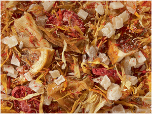 A fruit tea blend of highest rank! Extra large flakes and cubes of juicy, exclusively exotic fruits form the base of this low in acid blend. This already artful taste was further enhanced by a particularly sweet and fresh flavor combination. A very delicious tea, which will outshine many other juice drinks. You should think twice before adding any sweetener.
Ingredients
pineapple cubes (pineapple, sugar, acidifier citric acid), mango cubes (mango, sugar, acidifier: citric acid), pineapple flakes , mango flakes, orange slices, flavoring, freeze-dried tangerine-orange pieces, safflower, freeze-dried strawberry slices, marigold blossoms.Important: Always brew with boiling water and let infuse for 5-10 minutes in order to obtain a safe beverage A fruit tea blend of highest rank! Extra large flakes and cubes of juicy, exclusively exotic fruits form the base of this low in acid blend. This already artful taste was further enhanced by a particularly sweet and fresh flavor combination. A very delicious tea, which will outshine many other juice drinks. You should think twice before adding any sweetener.
Ingredients
pineapple cubes (pineapple, sugar, acidifier citric acid), mango cubes (mango, sugar, acidifier: citric acid), pineapple flakes , mango flakes, orange slices, flavoring, freeze-dried tangerine-orange pieces, safflower, freeze-dried strawberry slices, marigold blossoms.Important: Always brew with boiling water and let infuse for 5-10 minutes in order to obtain a safe beverage