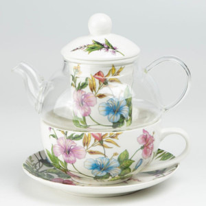 Morning Glory Glass Tea for One w/infuser: 5 pc set, in shades of Morning Glory floral print on a white background, A glass Teapot with porcelain Lid, Stacked with Porcelain Cup Saucer and Floral Decorated Infuser.
Tea for One Set, porcelain,
Stacked glass teapot
porcelain teacup/saucer
Porcelain infuser
white background with floral print
Dishwasher safe
Other Items Available:
Tea choices available to add to your order in the Christmas Tea shop
Teas and Teaware are shipped together,
Cornucopia Teas come in resealable pouches with decorative tea labels.
If purchasing as a gift your personal message is included on the gift card. Morning Glory Glass Tea for One w/infuser: 5 pc set, in shades of Morning Glory floral print on a white background, A glass Teapot with porcelain Lid, Stacked with Porcelain Cup Saucer and Floral Decorated Infuser.
Tea for One Set, porcelain,
Stacked glass teapot
porcelain teacup/saucer
Porcelain infuser
white background with floral print
Dishwasher safe
Other Items Available:
Tea choices available to add to your order in the Christmas Tea shop
Teas and Teaware are shipped together,
Cornucopia Teas come in resealable pouches with decorative tea labels.
If purchasing as a gift your personal message is included on the gift card.