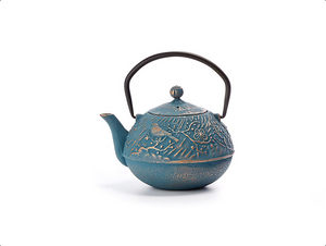blue-gold, with relief, enameled inside, stainless steel strainer, made in china Iron Teapot “Meng”
blue-gold, with relief, enameled inside,
stainless steel strainer
content 3 cups (22 fl. oz. / 0.65 l)
made in China

To clean, rinse with warm water and hand dry.  Not dishwasher safe.  Not for stove top or microwave use.