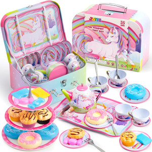 SUPER VALUE PACK. Our pretty unicorn tea set includes 1 teapot, 4 cups, 4 medium-sized plates, 4 small-sized plates, 1 big plate, and a unicorn cardboard case, a 2 spoons, 2 forks, a 3 tiered cake stand, 1 pastry server, 5 cupcakes, 4 sweet buns, 4 candies.
REAL FUNCTION. This adorable toy tin set is designed for role play, encouraging children to use their imagination and improve their creativity and social skills. The tea set is decorated with a magical unicorn , rainbow, and other delightful castle. Sure to delight and inspire your little tiny unicorns.
ENDLESS FUN. The unicorn party tea set is easy to be stored and transported. The material used is super durable that will last through years of indoor and outdoor tea party fun. Perfect for toy storage, room décor, birthday gifts, and other unicorn themed occasion.
