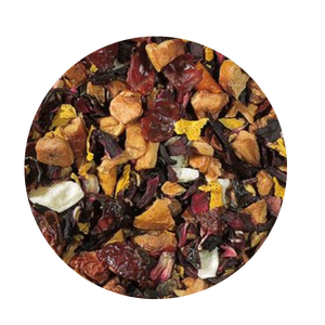 Sugar Pear/Cinnamon Fruit Blend  This heavenly, fruity, spicy, sweet composition is made up of numerous single components and flavors. The balanced flavor comes from fresh, ripe, soft pears and a sweet cinnamon nuance. A dash of soft cream gives the final polish. Cinnamon does not necessarily mean Christmas! Accept this attractive fruit tea blend as a compensation for a missed dessert, you will love it.  Ingredients: apple pieces, hibiscus blossoms, rose hip peel, pineapple cubes (pineapple, sugar), cinnamon pieces, flavoring, sunflower blossoms. Add a scoop of homemade whipped cream or frothed milk topping and an extra dash of cinnamon on top, enjoy!   Homemade Whipped Cream Recipe:  2/3 cup heavy cream 1/2 teaspoon pure vanilla extract 2 tablespoons confectioners' sugar Dash of Cinnamon to taste  Whip the heavy cream in the bowl of an electric mixer fitted with the whisk attachment on medium speed until soft peaks form, 2 to 4 minutes. Add the vanilla and confectioners' sugar; continue whipping on medium speed until the soft peaks return, 2 to 3 minutes. Use immediately.    Frothed Milk secret:  If you prefer a frothed milk topping here are a few tips we found from our test kitchens  Use skim milk for the fluffiest, creamiest, quickest frothed milk topping.  Add a drop or two of vanilla, or almond flavoring before frothing.  Enjoy your Tea!