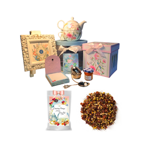 Tea for One Gift Set- Feather & Floral, will brighten anyone's day with this beautiful tea for one gift set in its own matching print gift box with matching satin ribbon. A decorative tassel on the handle adds a lovely finishing touch. Cornucopia's Loose-Leaf Tea, 1 oz honey, Tea Filter, embossed stationary purse pad in a coordinated colors and pattern. Gifting Idea: birthday gift, bridal shower, get well, thank you or treat yourself. Holds enough for a refill without leaving your comfy spot, desk or sip for an evening nightcap. Gift Set Includes: • 5.8" Tea for One Set in gift box, stacked teapot and oversized teacup, soft white background with a feather and floral print, dishwasher safe. • 1 oz of Loose-Leaf Cornucopia Tea. 7T6359 Herbal Cranberry Orange combines cranberry essence with a unique base of chamomile flowers and orange peel. o Cornucopia Teas come in resealable pouches with decorative tea labels as shown in the image, along with a brewing guide. • 1 oz Bonne Maman honey, • Embossed Purse Pad. Each pad is 3 inches x 4 inches and has 100 coordinating patterned pages and a magnetic closure • Teapot design tea measuring spoon, holds enough for one cup of brewed tea • Tea Egg stainless steel Tea Filter with drip catcher by Cha Cult (Germany) Tea for One Gift Set- Feather & Floral, will brighten anyone's day with this beautiful tea for one gift set in its own matching print gift box with matching satin ribbon. A decorative tassel on the handle adds a lovely finishing touch. Cornucopia's Loose-Leaf Tea, 1 oz honey, Tea Filter, embossed stationary purse pad in a coordinated colors and pattern. Gifting Idea: birthday gift, bridal shower, get well, thank you or treat yourself. Holds enough for a refill without leaving your comfy spot, desk or sip for an evening nightcap. Gift Set Includes: • 5.8" Tea for One Set in gift box, stacked teapot and oversized teacup, soft white background with a feather and floral print, dishwasher safe. • 1 oz of Loose-Leaf Cornucopia Tea. 7T6359 Herbal Cranberry Orange combines cranberry essence with a unique base of chamomile flowers and orange peel. o Cornucopia Teas come in resealable pouches with decorative tea labels as shown in the image, along with a brewing guide. • 1 oz Bonne Maman honey, • Embossed Purse Pad. Each pad is 3 inches x 4 inches and has 100 coordinating patterned pages and a magnetic closure • Teapot design tea measuring spoon, holds enough for one cup of brewed tea • Tea Egg stainless steel Tea Filter with drip catcher by Cha Cult (Germany)