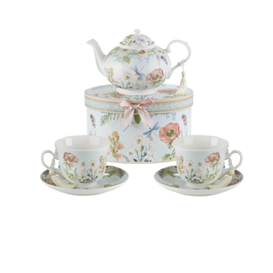 Dragonfly Tea Set, will brighten anyone's day with this beautiful tea set in its own matching print gift box with matching satin ribbon. A decorative tassel on the handle adds a lovely finishing touch. Gifting Idea: birthday gift, bridal shower, get well, treat yourself or someone you love.   Includes:  9.5 x 5.6" teapot 2 cup/saucer Soft white background with a Dragonfly and floral print Dishwasher safe  Other Items Available:  Add additional sets of matching cup and saucer D8135-0  Tea choices available to add to your order in the loose-leaf shop   Teas and Teaware are shipped together, Cornucopia Teas come in resealable pouches with decorative tea labels, and includes a recipe and brewing guide. If purchasing as a gift your personal message is included on the pamphlet.