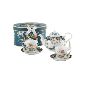 English Camellia Tea Set, will brighten anyone's day with this beautiful tea set gift in its own navy and teal flower print gift box with matching satin ribbon. A decorative tassel on the handle adds a lovely finishing touch. Gifting Idea: birthday gift, bridal shower, get well, treat yourself or someone you love. Includes: 9.5 x 5.6" Porcelain teapot, hold 4 cups (32 oz) 2 cup/saucer Soft white background with navy and teal floral print Dishwasher safe Tea choices available to add to your order in the loose-leaf shop Teas and Teaware are shipped together, Cornucopia Teas come in resealable pouches with decorative tea labels, and includes a recipe and brewing guide. If purchasing as a gift your personal message is included on the pamphlet. English Camellia Tea Set, will brighten anyone's day with this beautiful tea set gift in its own navy and teal flower print gift box with matching satin ribbon. A decorative tassel on the handle adds a lovely finishing touch. Gifting Idea: birthday gift, bridal shower, get well, treat yourself or someone you love. Includes: 9.5 x 5.6" Porcelain teapot, hold 4 cups (32 oz) 2 cup/saucer Soft white background with navy and teal floral print Dishwasher safe Tea choices available to add to your order in the loose-leaf shop Teas and Teaware are shipped together, Cornucopia Teas come in resealable pouches with decorative tea labels, and includes a recipe and brewing guide. If purchasing as a gift your personal message is included on the pamphlet.