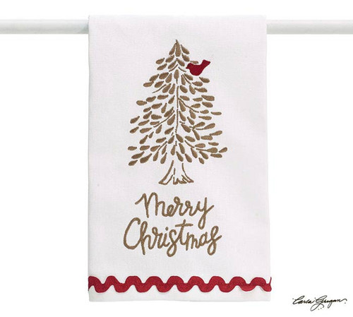 Towel - Heaven and Nature Sing: Merry Christmas white tea towel with tree and red bird design and also has embroidered red rick rac across the bottom. 100% cotton by Burton and Burton