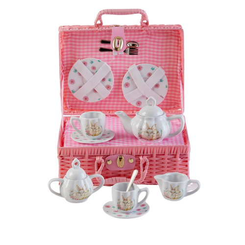 Toy Porcelain Tea Set in Basket-Bunny: It's a tea party set for two!  A Bunny print tea set in a pink picnic basket chest with pink check cloth liner. Perfect activity set for any little girl. By Delton Ages 8+  Perfect Easter Gfit   1-Teapot, 2-Cup and Saucer, 2-Serving plates, 2 each, Spoon and Fork, 1-Storage Picnic basket.  This set is part of the Cornucopia's Toy Tea party set and comes with additional add ons:  Perfect tea party companion doll  1 oz (12 tea parties or more) Children's Tea available There is hardly another fruit on this planet which is as popular among young and old as the strawberry. We are, therefore, presenting our particular, decaffeinated, flavored green tea variation. Its mild and, at the same time, intense taste is due to a natural strawberry flavoring, which shines when interacting with the soft tea basis. Ingredients: decaffeinated green tea, freeze-dried strawberry pieces, natural flavoring type strawberry. All choices are shipped together in one box. Gift card enclosure