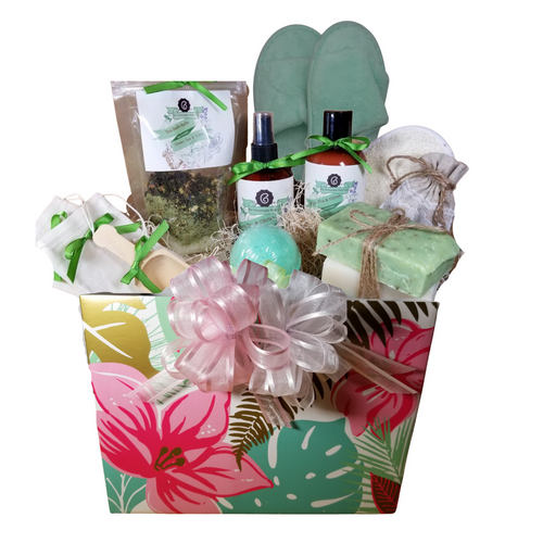 Green Tea & Citrus Topical Paradise- Gift Basket Box, by The Cornucopia Shop LLC: Our Bath Soaks are made of the highest quality ingredients of botanicals, Teas, Essential Oils, Dead Sea Bath Salts, Epsom Bath Salts, & Pink Himalayan Salts. Aromatherapy to lift and rejuvenate the mind.  Our line includes Hand Crafted Cold Process Soaps, Body Lotions and Perfume Body Sprays, and Luxury Bath Bombs to sooth, soften and re-fresh. Dried Botanical Lingerie Sachet to scent a drawer.    Includes:   1- 4 oz Green Tea & Citrus Bath Salts all-natural no dyes, Includes Matcha Green Tea Powder 1- 8 oz Green Tea & Citrus Body Lotion 1- 8 oz Green Tea & Citrus Body Spray 1- Ladies Slipper open toe, fits most 1-.05 oz Super Lavender Drawer Sachet 2- Linen Bath Tea Bags (re-usable) hand wash 1- Wooden Bath Salt Scoop  1- Loofah & Terry Cloth reversible Wash Pad with Wrist Band 5 oz 2 1/2 “, Spa Tonic Bath Bomb 3 Cold Process Bar Soaps, Wakame Scrub ( Very strong and clean scent. Sage and other mild greens. Contains sea salt, peppermint leaves, and ground oatmeal as exfoliants) White Tea & Ginger Green Tea Verbena  Gift comes shrink wrapped in tropical paradise gift basket box, paper shred fill, decorative gift bow, and enclosure gift card.  Key Ingredients: Bath Salt: Organic Green Tea leaves, Epsom Salts, Green Tea Essentail Oil. Matcha, Chamomile Blossoms- Super Organic, Organic Lemon Peel, Jasmine Flower - Super Organic. Body lotion: Water, Blend of (Coconut Oil, Hempseed Oil, Sunflower Oil, Vitamin E, Mineral Oil), Propylene Glycol, Stearic Acid, Cetyl Alcohol, Phenoxyethanol, Ethylhexylglycerin, Glyceryl Stearate, Petrolatum, TEA 99%, Proprietary Fragrance and Essential Oil Blend, Dimethicone, Carbopol, Disodium EDTA, Allantoin, Aloe Vera Gel. Perfume Body Spray:Water, Ploysorbate 20, Fragrance,,DMDM Hydntoin, Disodium EDTA Cold Process Soaps: Olive Oil, Soybean Oil, Coconut Oil, Corn Oil. Sunflower Oil, Organic Shea Butter, Water. Sodium Hydroxide (Lye), Fragrance INCI: Olea Europaea (Olive) Oil, Glycine Soja (Soybean) Oil, Cocos Nucifera (Coconut) Oil, Zea Mays (Corn) Oil, Helianthus Annuus (Sunflower) Seed Oil, Butyrospermum Parkii (Shea Butter), Aqua, Sodium Hydroxide, Fragrance. May contain charcoal, FD&C color. Please note, that due to the handmade nature of this soap, color shades and swirl styles may slightly vary. Each loaf and bar is unique!