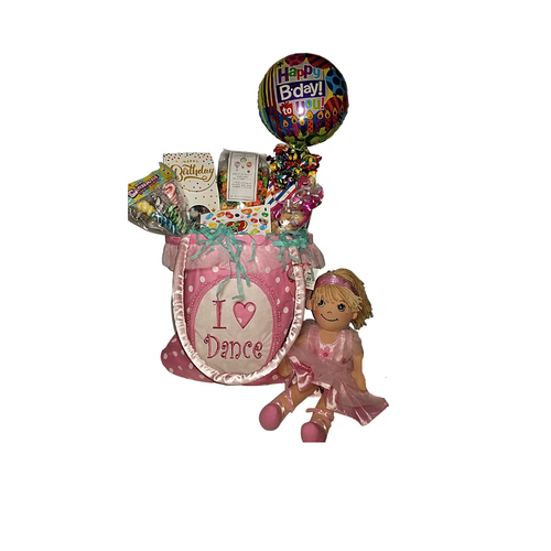 Birthday Girl Tote Bag of Wishes w/doll:  The love to dance ballet carry-all bag come with a personal goody party of gourmet cookies, candy, Jelly Belly Jellybeans, fruity flavored gourmet popcorn. An Apple Dumpling Doll Ballerina. Birthday Balloon with candy box is filled with a variety of traditional name brand hard candy.  Includes:  I love Dance" ballet carry-all bag 12 x 11 This carry-all bag is just what she needs to use as a dance class bag, an overnight bag, or doll and toy carrier.   14” Apple Duplin Ballerina Doll: She's adorable and loves to dance and very proud in her ballet outfit.  Any little girl would love to have in her collection who loves ballet or dreams of being a Ballerina!   9" air-filled, ribbon curls Birthday Balloon, filled with a mix of name brand candy, Starburst, Sweet Tarts, Tootsie Roll, Jolly Rancher Skittles, Nerds, Laffy Taffy, or Tootsie Fruit Chews.  Jelly Belly Jellybeans mini with assorted flavors 2.5 oz Sugar Cookies, crunchie sweet Cotton Candy Drops Happy Birthday Box Carnival Lollipops, assorted flavors, *4 oz bagged Fruity Gourmet Popcorn 9” tall x 2.5” D  Gift comes wrapped in cellophane, matching ribbon, and paper shred fill. A complimentary gift card with your personal message.